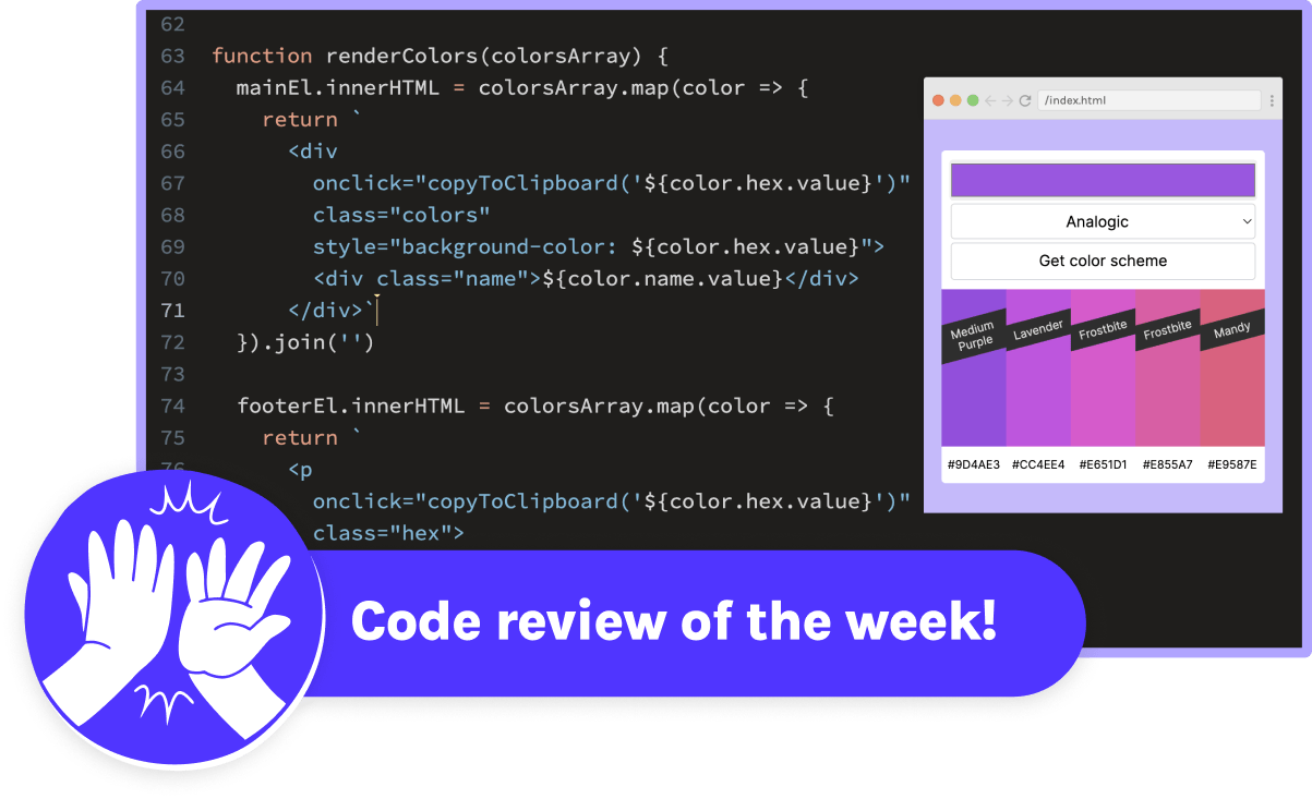 Screenshot of code in Scrimba with high five illustration and banner saying 'Code Review of the Week' in front.
