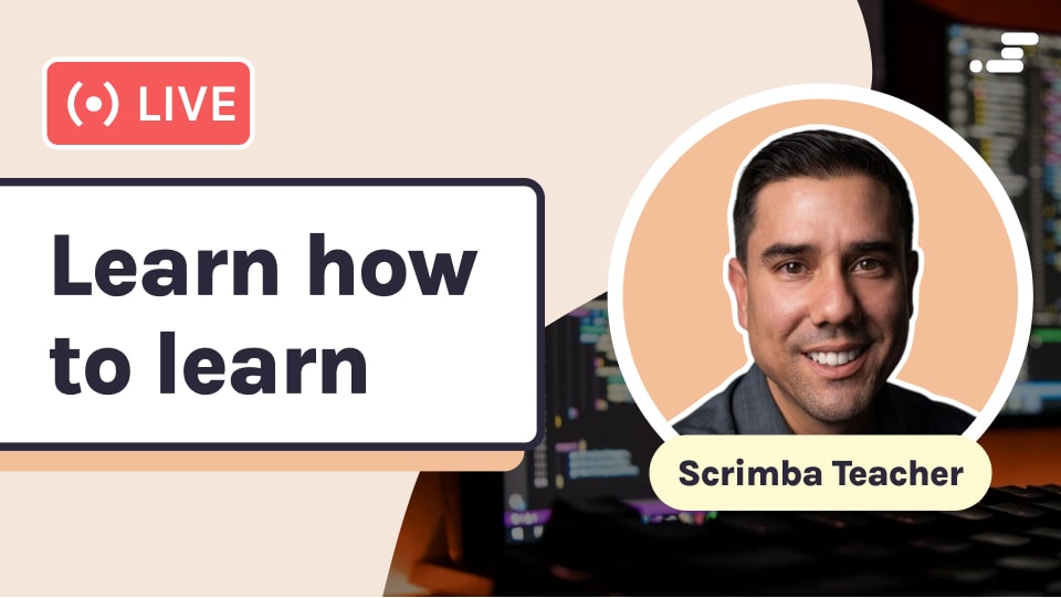 YouTube thumbnail for a live stream with Scrimba teacher Guil Hernandez called 'Learn how to learn'.